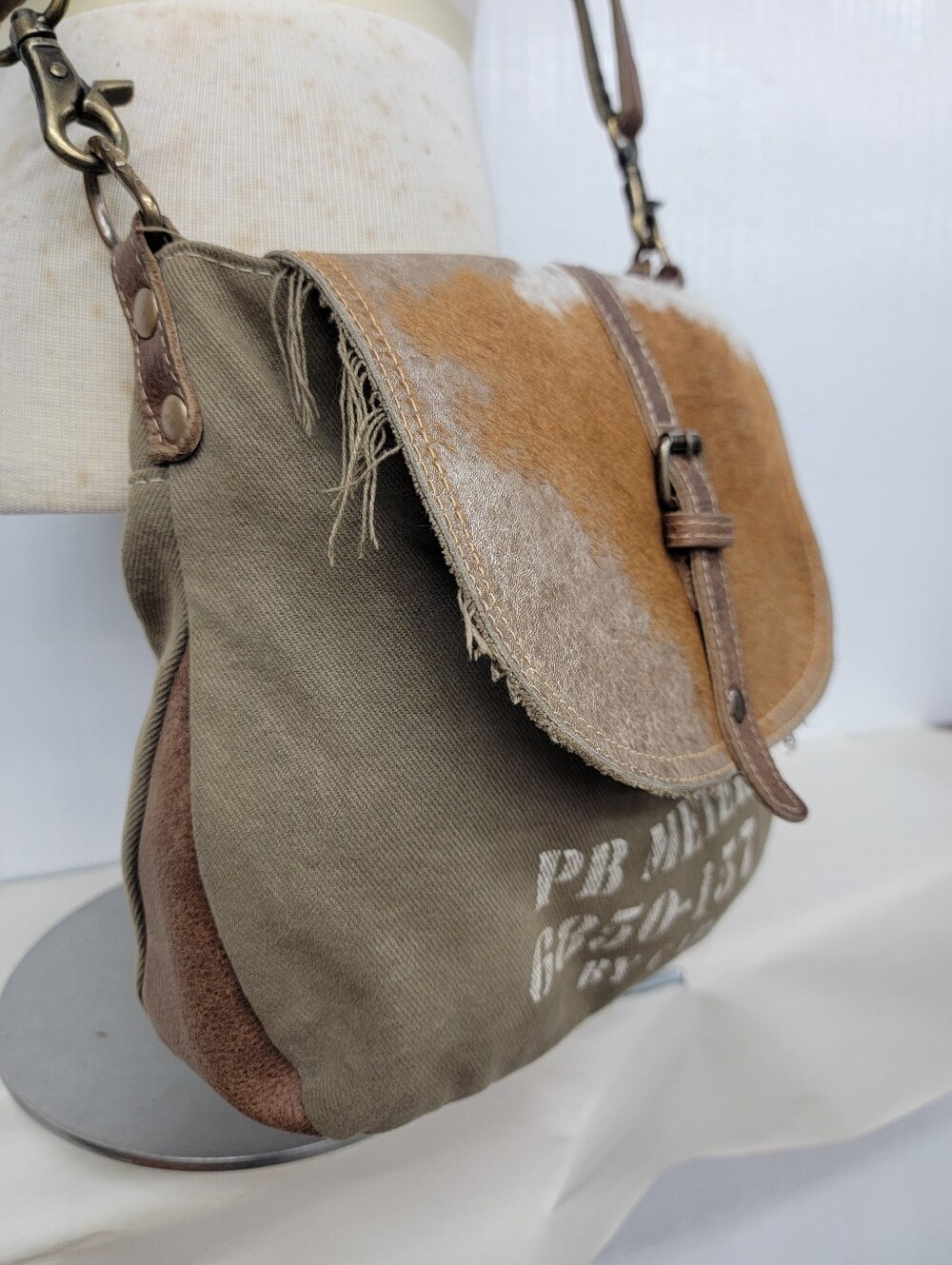 Myra Bag Canvas & Leather Hide Crossbody Bag Upcycled Military Canvas - Picture 4 of 12